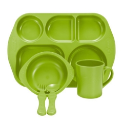 儿童玉米餐具 餐碗 分格餐盘 勺叉 水杯5件套 绿色