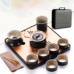 言本 日式黑陶旅行茶具套装简约办公家用功夫茶具整套 便携式户外旅行茶具 陶瓷茶具套装 带茶盘
